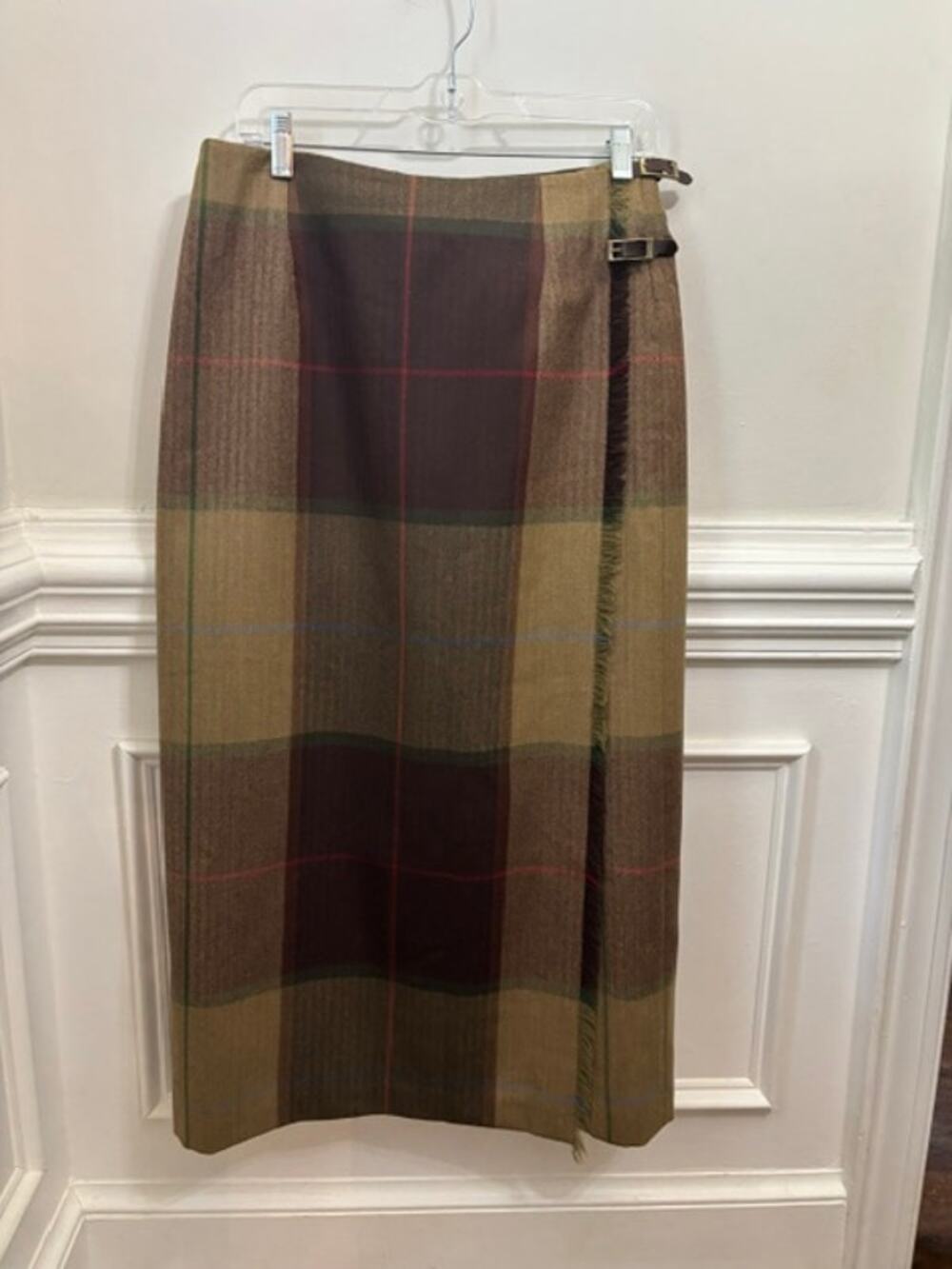 Talbots Vintage 100% Wool Plaid Midi Skirt Wrap Buckle Size 12 80s